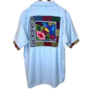 Unicrese Panama Embroidered Appliquė Hummingbird Chambray Button Up Shirt XL